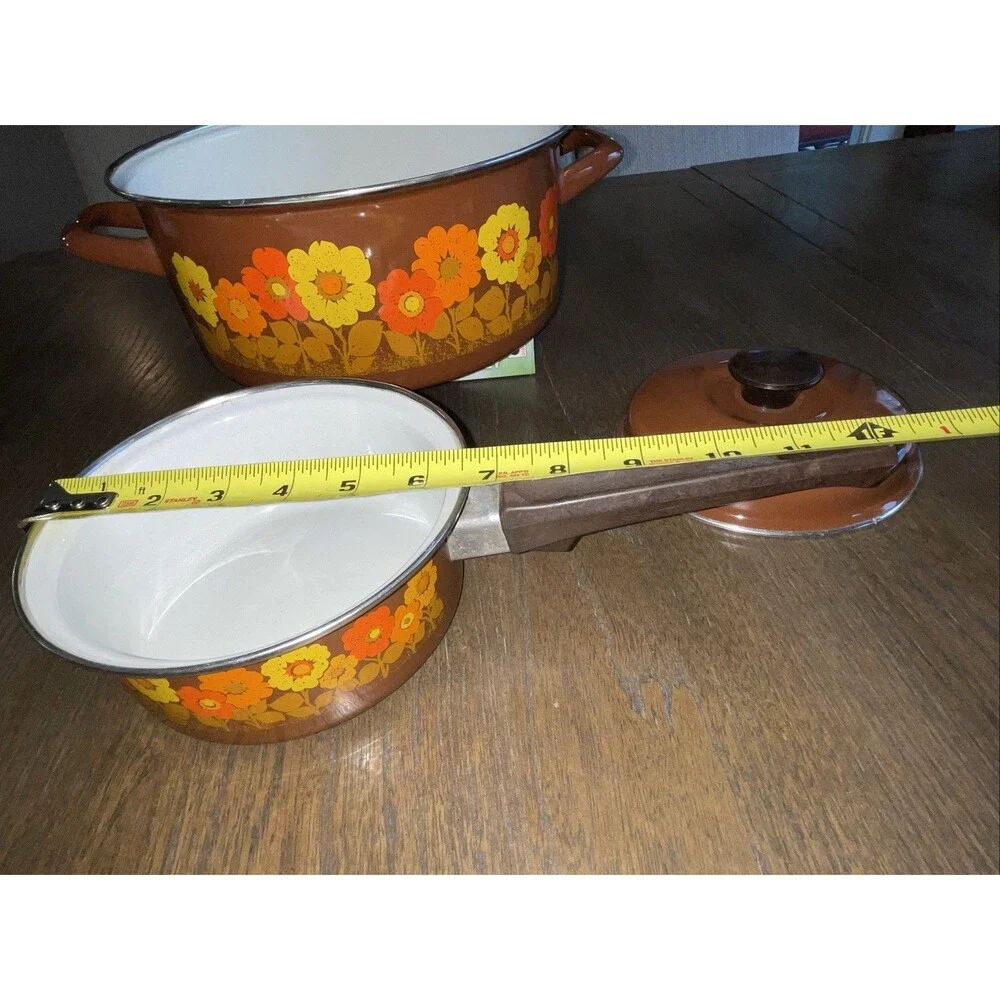 VGT Swan Brand Enamel Sauce Pot Pans Orange/Brown Flowers with Lids 70s  Lot 3